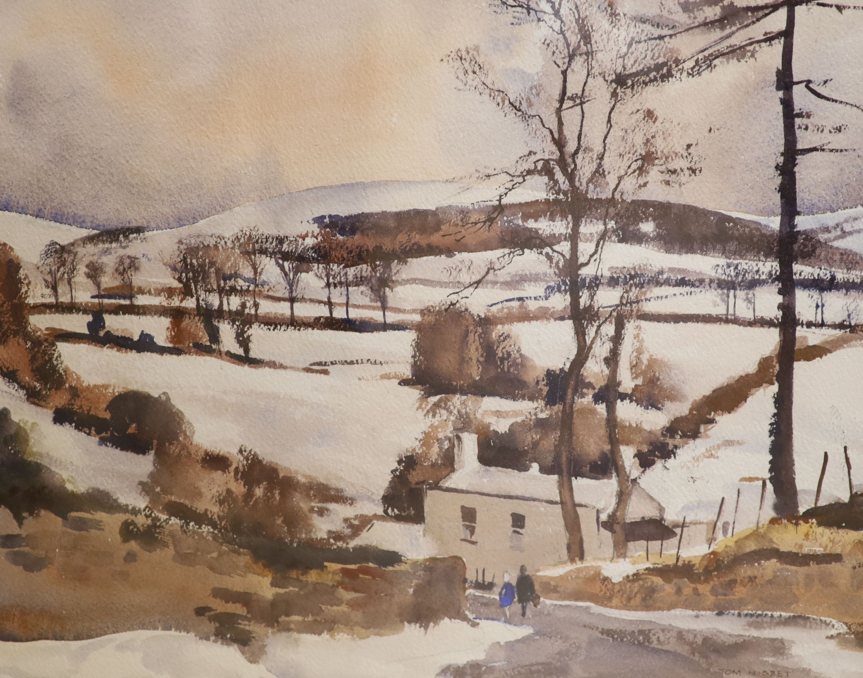 John Nisbet RHA (fl.1903-40), watercolour, Snow at Rockbrook, signed, 30 x 37cm.